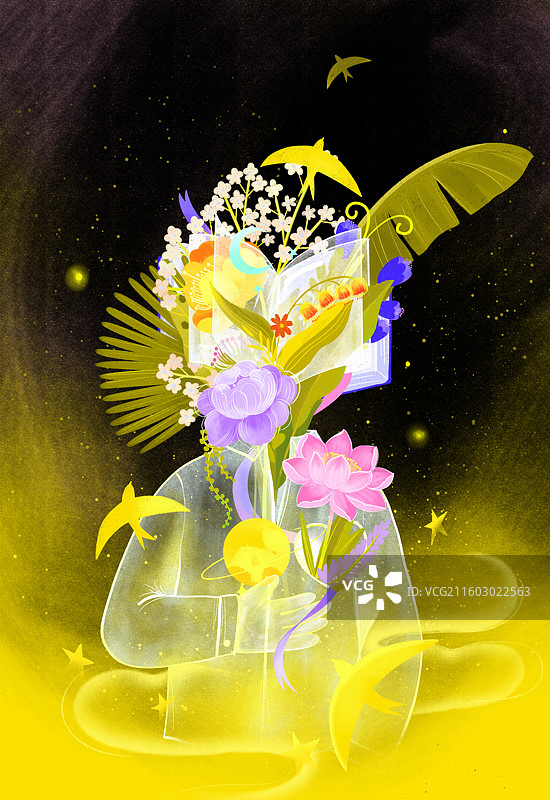 透明衣服领口伸出花卉叶子金色星空梦幻飞鸟插画图片素材