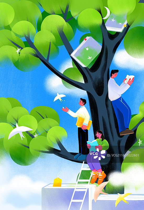 天空大树书本三个人在读书云朵飞鸟肌理插画图片素材