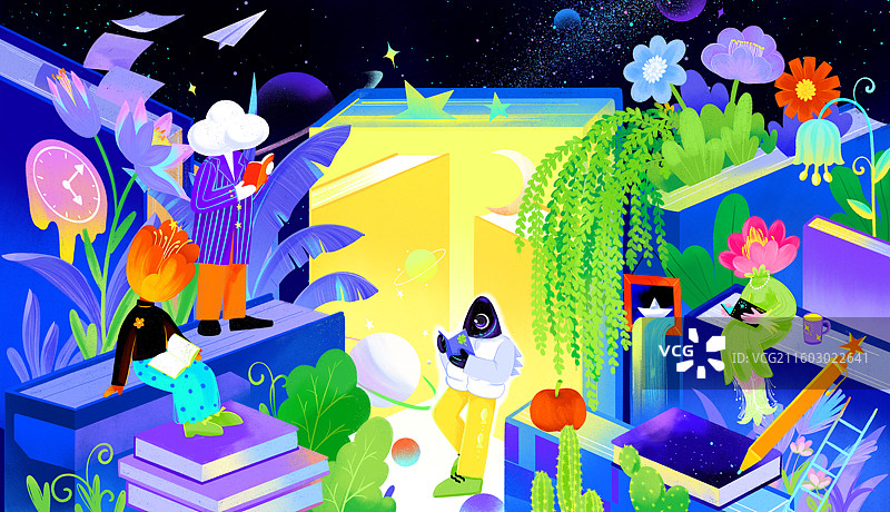 四个人在书本花丛间阅读星空奇妙潮流插画图片素材