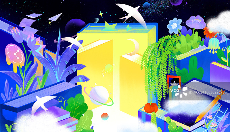 星空云朵飞鸟书本花卉植物奇妙星球潮流肌理插画图片素材