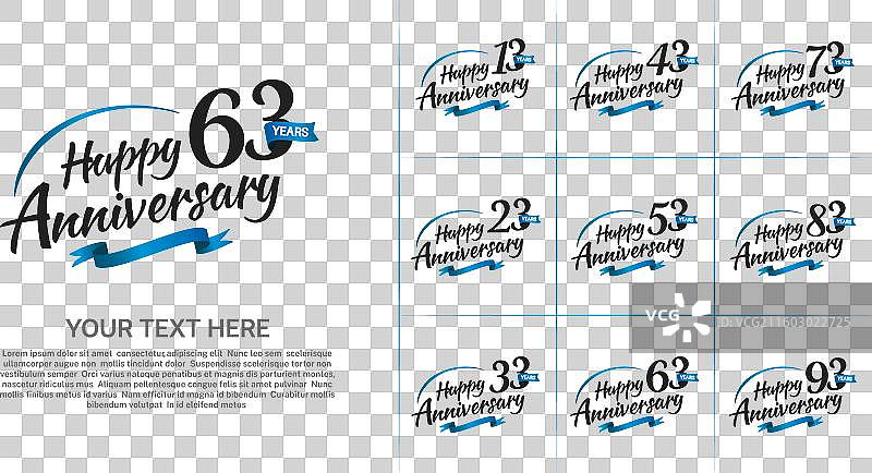 一套带有蓝色丝带的周年纪念黑色图片素材