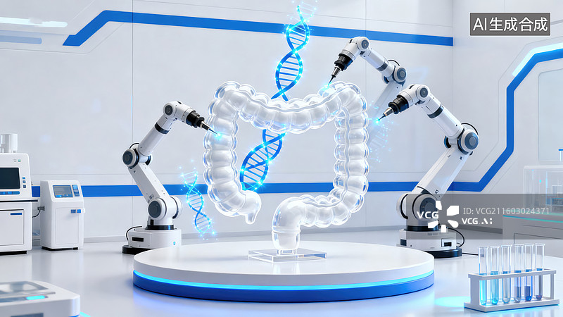 【AI数字艺术】现代实验室机器人辅助结肠与DNA分析图片素材
