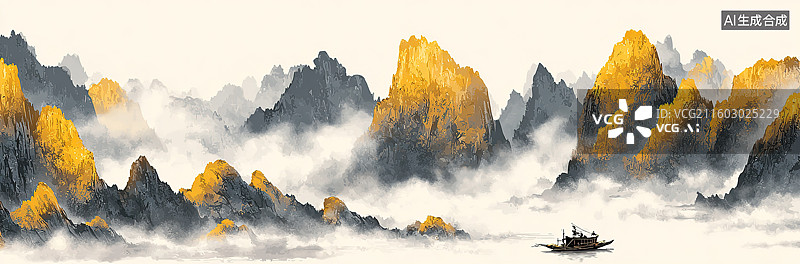 【AI数字艺术】山水云雾中的孤舟图片素材