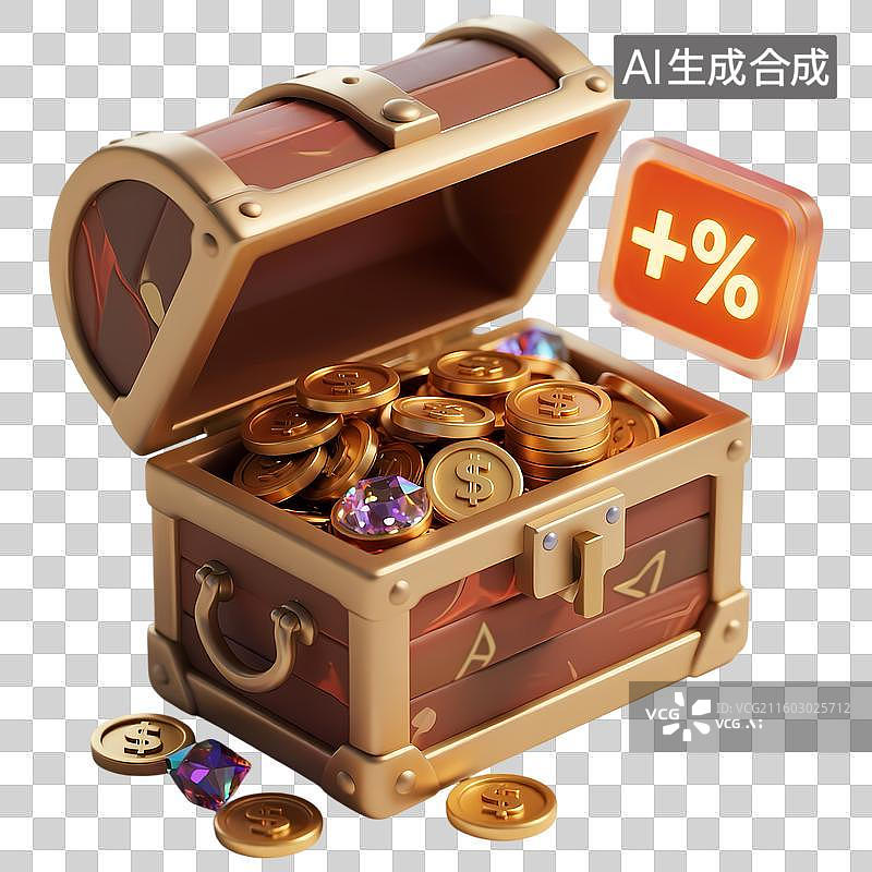 【AI数字艺术】宝箱金币百分比3D质感卡通清新拟物立体插画元素图片素材