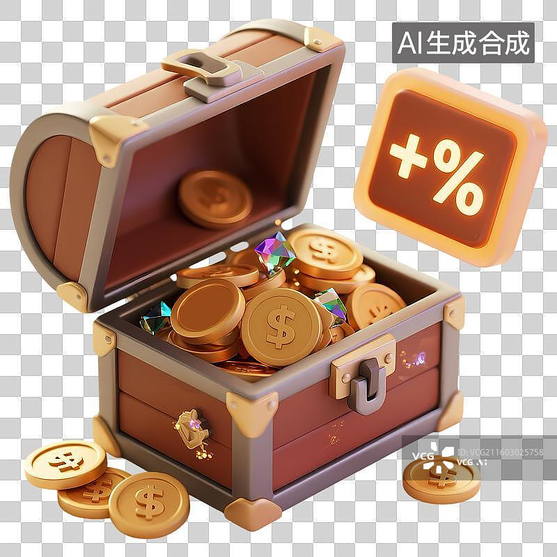 【AI数字艺术】宝箱金币百分比3D质感卡通清新拟物立体插画元素图片素材