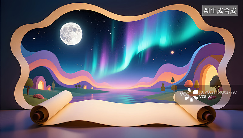 【AI数字艺术】极光映照卷轴的幻想世界场景图片素材