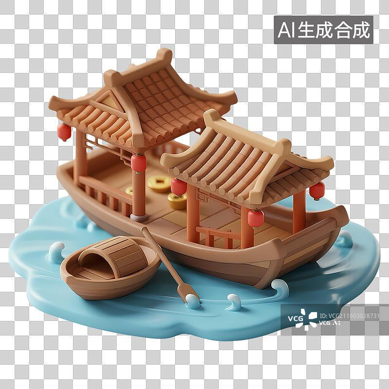 【AI数字艺术】水舫游船中式建筑3D质感卡通清新拟物立体插画元素图片素材