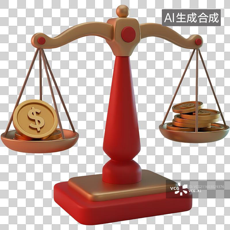 【AI数字艺术】天平两侧金币柱状图3D质感卡通清新拟物立体插画元素图片素材