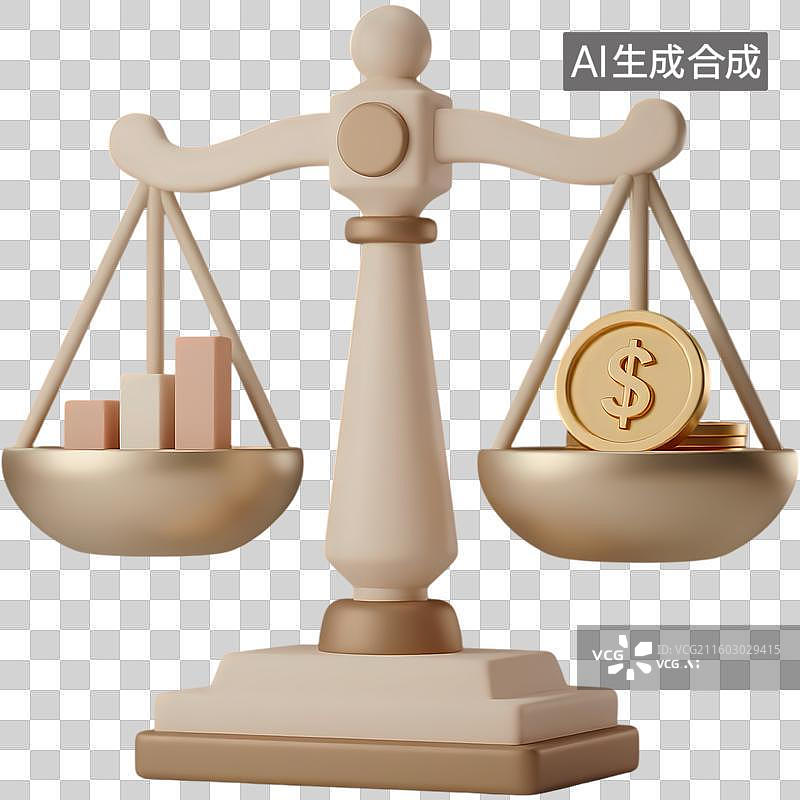 【AI数字艺术】天平两侧金币柱状图3D质感卡通清新拟物立体插画元素图片素材