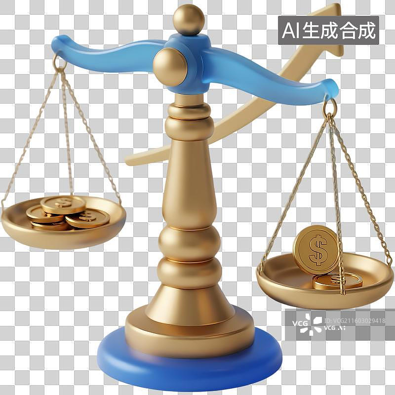 【AI数字艺术】天平两侧金币柱状图3D质感卡通清新拟物立体插画元素图片素材