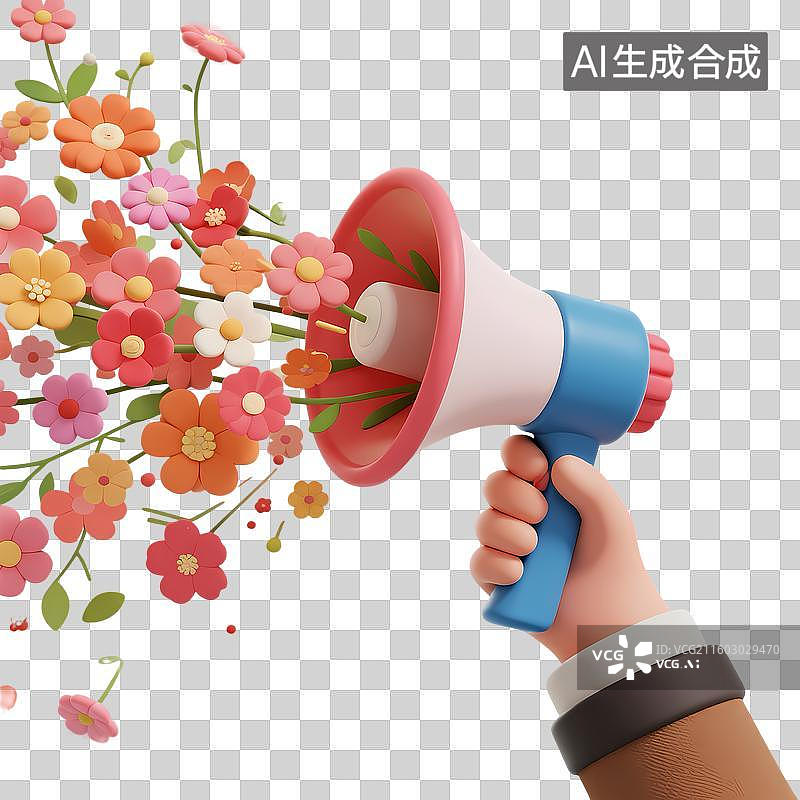【AI数字艺术】手持喇叭喷出花朵3D质感卡通清新拟物立体插画元素图片素材