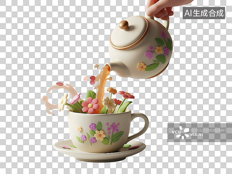 【AI数字艺术】茶壶流出花朵茶具3D质感卡通清新拟物立体插画元素图片素材