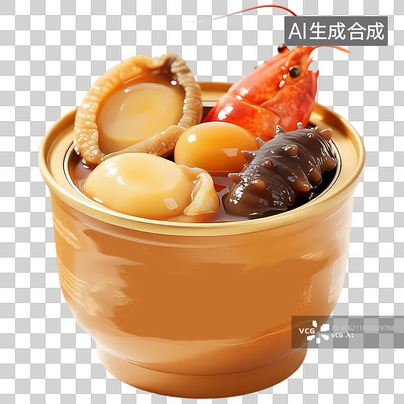 【AI数字艺术】海鲜佛跳墙3D质感卡通清新拟物立体插画元素图片素材