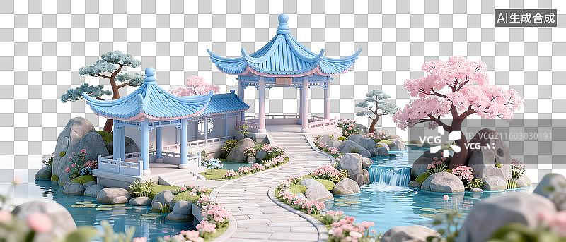 【AI数字艺术】带有蓝色屋顶和粉色樱花的传统中式凉亭图片素材
