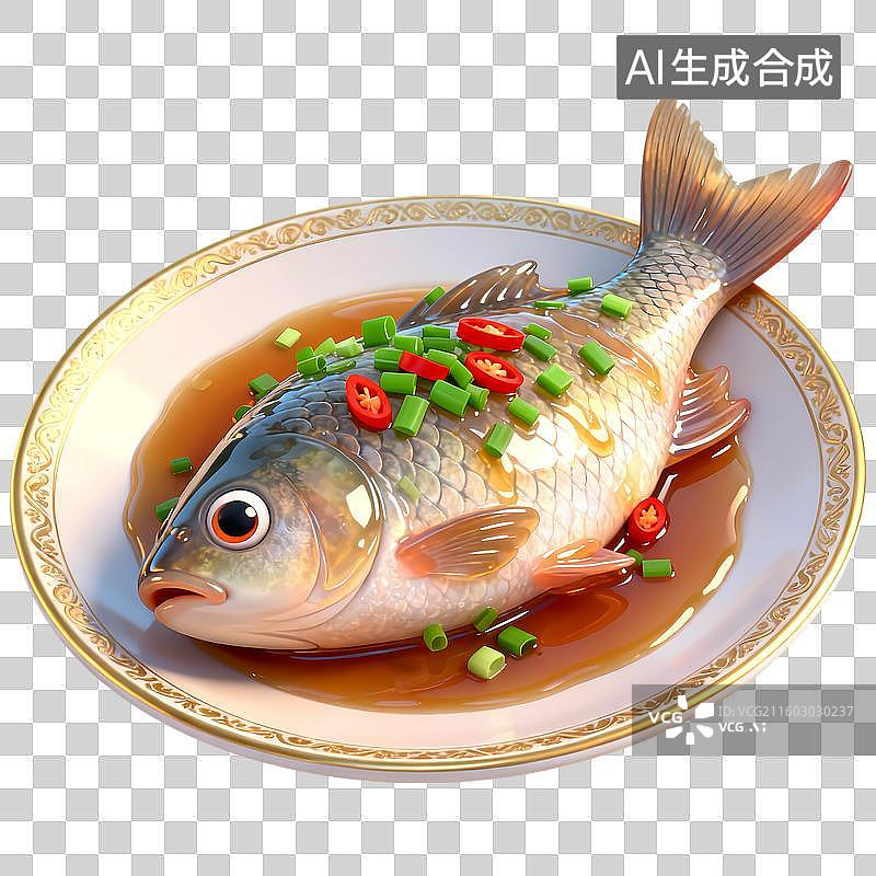 【AI数字艺术】蒸鱼红烧鱼3D质感卡通清新拟物立体插画元素图片素材