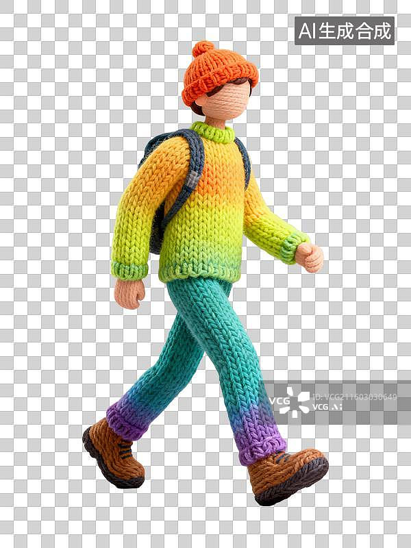 【AI数字艺术】色彩斑斓的针织人偶行走图片素材