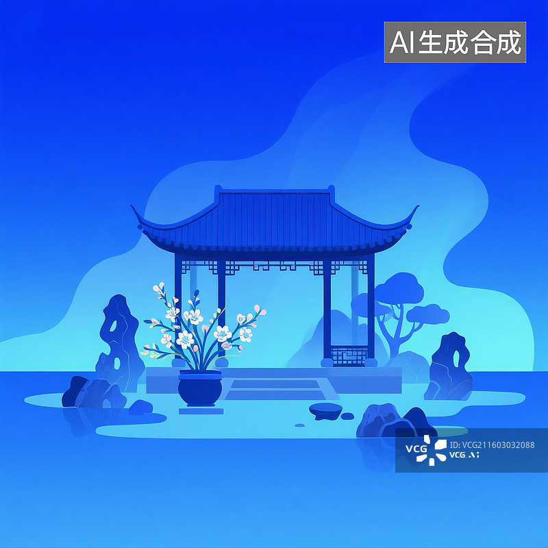 【AI数字艺术】微缩古建筑景观，配有细腻花草、中式插花和园林环绕，周围自然布局着太湖石，克莱因蓝扁平插画图片素材