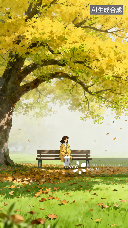 【AI数字艺术】秋天景色，一棵巨大古树，绿色草地上飘落有厚厚的落叶，树下有椅子，女孩中长发，浅棕黄色大衣，白色裤子图片素材
