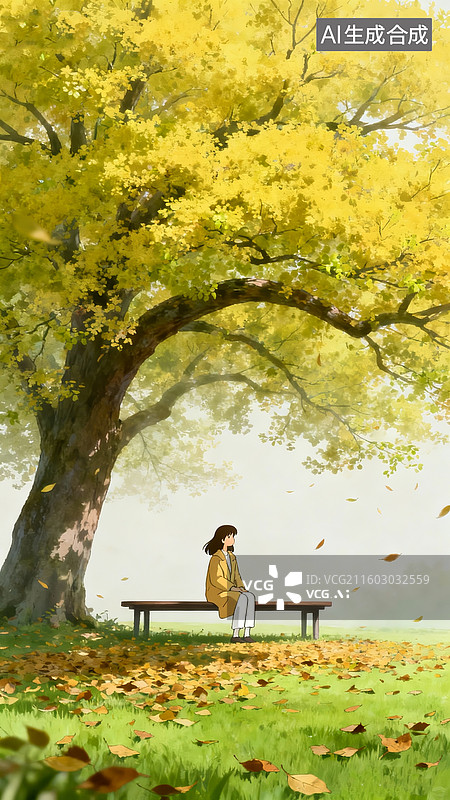【AI数字艺术】秋天景色，一棵巨大古树，绿色草地上飘落有厚厚的落叶，树下有椅子，女孩中长发，浅棕黄色大衣，白色裤子图片素材