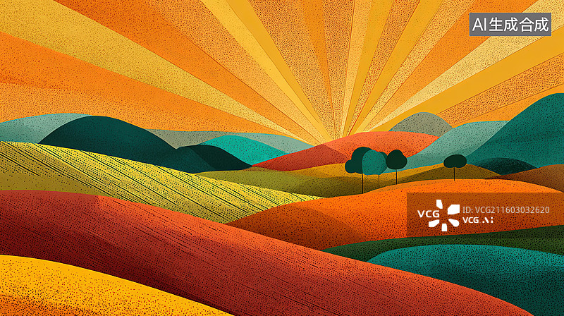 【AI数字艺术】色彩斑斓的田野日出景象图片素材