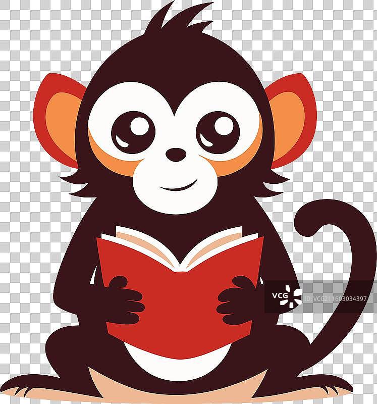 卡普钦猴子在阅读，可爱风格图片素材