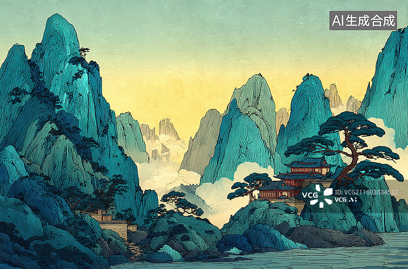 【AI数字艺术】山水间的古建筑图片素材