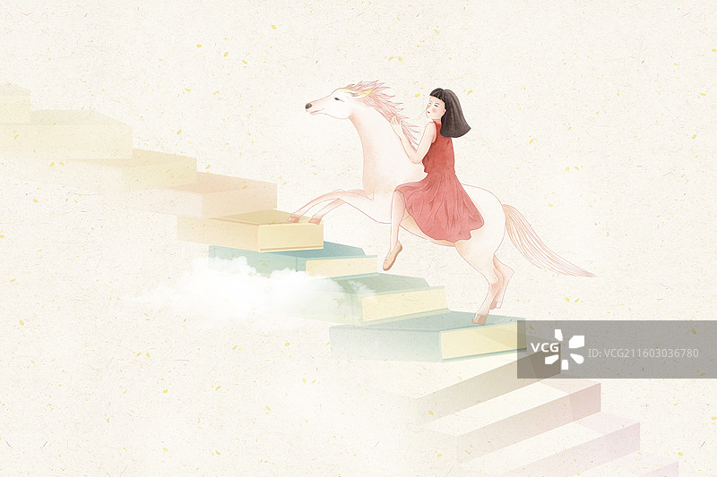 国潮风贺新春插画 2026马年春节创意  女孩骑骏马踏在书籍铺成的台阶 通往云端的梯子 横版图片素材