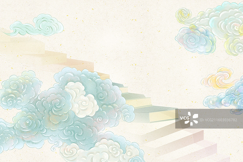 国潮风贺新春插画 2026马年春节创意 书籍铺成的台阶 通往云端的梯子祥云背景  横版图片素材