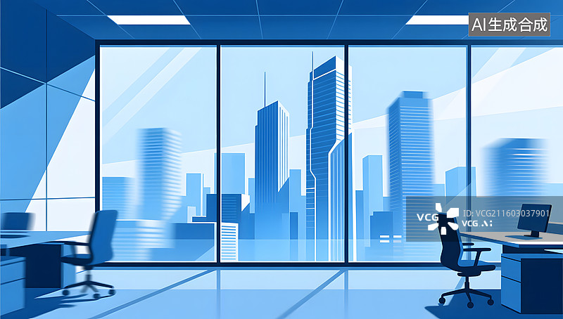 【AI数字艺术】蓝色主题的商务办公空间背景图片素材