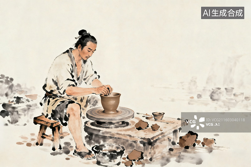 【AI数字艺术】传统水墨风格，工匠正在制作瓷器图片素材