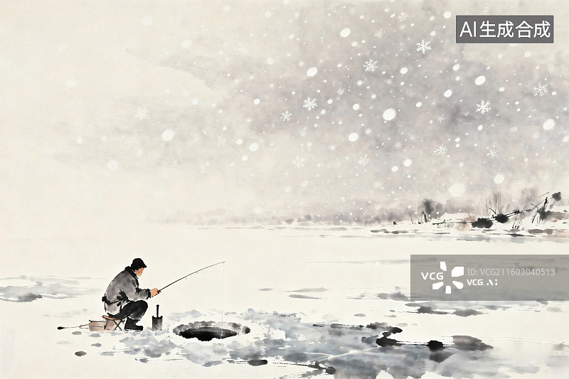 【AI数字艺术】传统水墨风格，天上下着小雪，垂钓爱好者正在冰面上钓鱼图片素材