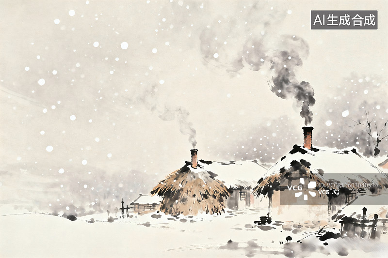 【AI数字艺术】传统水墨风格，空中下着大雪，茅草屋上的烟囱中冒着袅袅炊烟图片素材