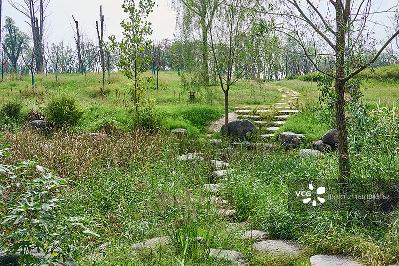 陕西西安昆明池七夕公园夏末风光与小路图片素材