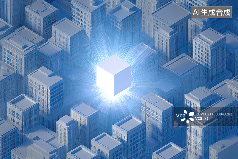 【AI数字艺术】蓝色城市建筑群发光立方体中心能量图图片素材