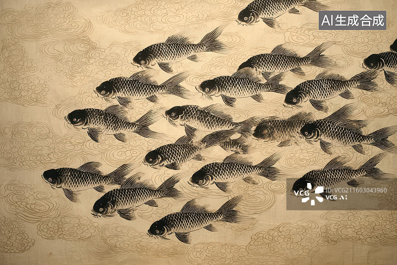 【AI数字艺术】浅色水纹背景黑色鲤鱼群游动古风图图片素材