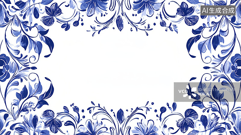 【AI数字艺术】青花瓷配色蔓藤环绕边框装饰文艺白色背景图片素材
