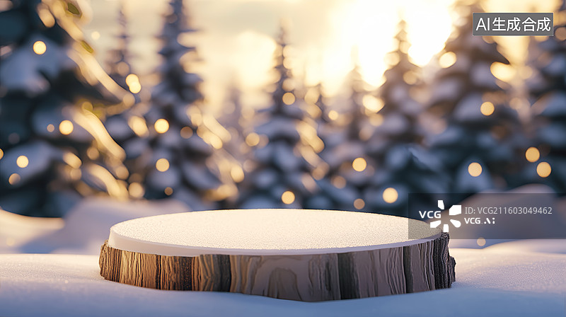 【AI数字艺术】冬天夜晚雪地电商产品展台圣诞节装饰氛围场景图片素材
