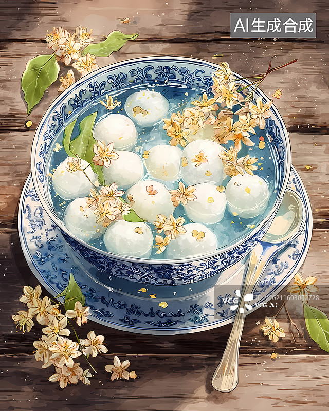 【AI数字艺术】酒酿圆子醪糟美食插画图片素材
