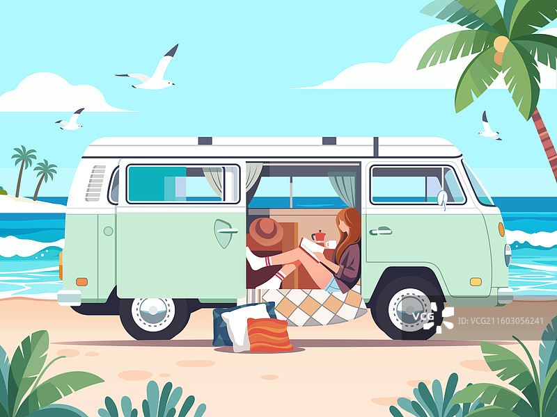 少女坐在露营车里海边度假矢量插画图片素材