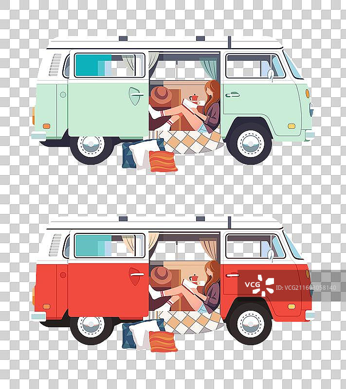 少女坐在露营车里看书插画素材图片素材