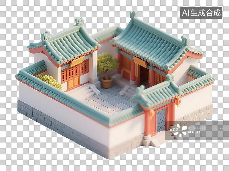 【AI数字艺术】AIGC:3D国潮风古代建筑 中式庭院，设计元素，免抠图形图片素材