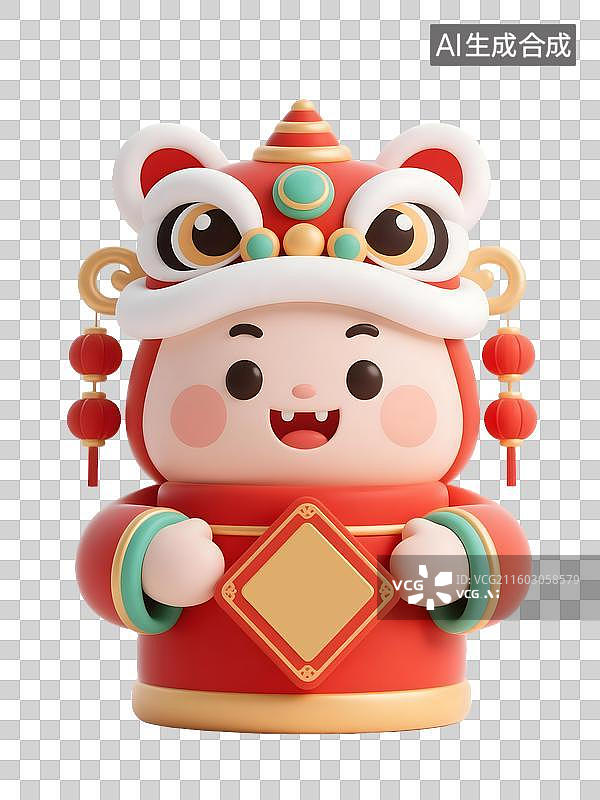 【AI数字艺术】AIGC：3D卡通带虎头帽的福娃，新年春节年俗拜年，设计元素，免抠图形图片素材