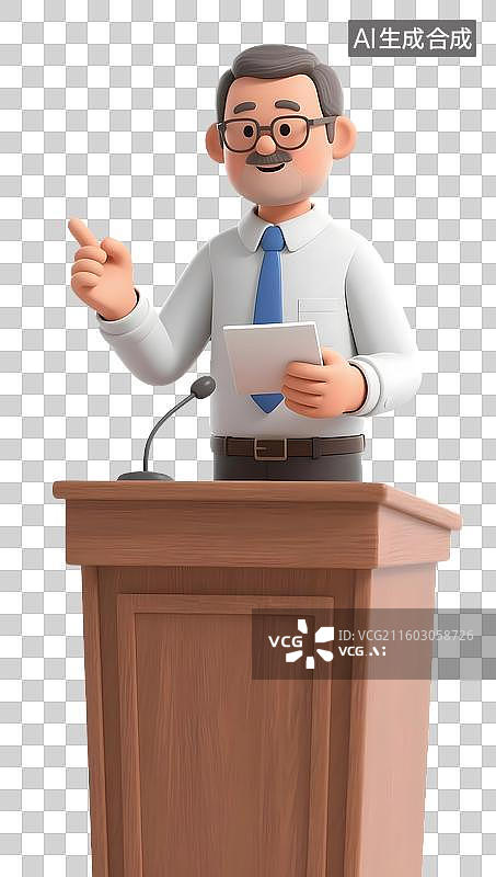 【AI数字艺术】AIGC：3D卡通讲台上认真教课的教授，设计元素，免抠图形图片素材