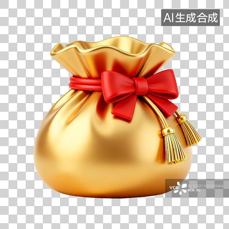 【AI数字艺术】金色装饰钱袋带红色丝带图片素材