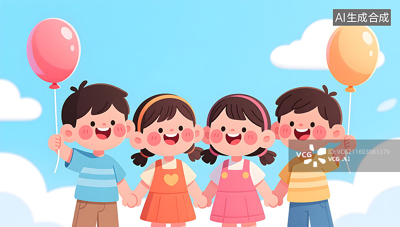 【AI数字艺术】儿童节四个快乐儿童的卡通插画图片素材