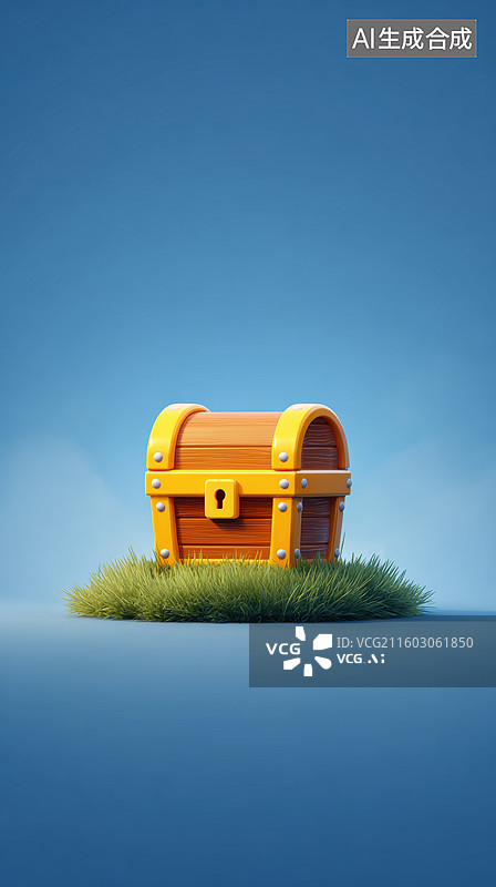 【AI数字艺术】木制宝箱置于草地之上图片素材