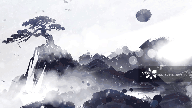 冬天 大雪 小雪 黄山 云海 松树 水墨 风景 高山 山水画图片素材
