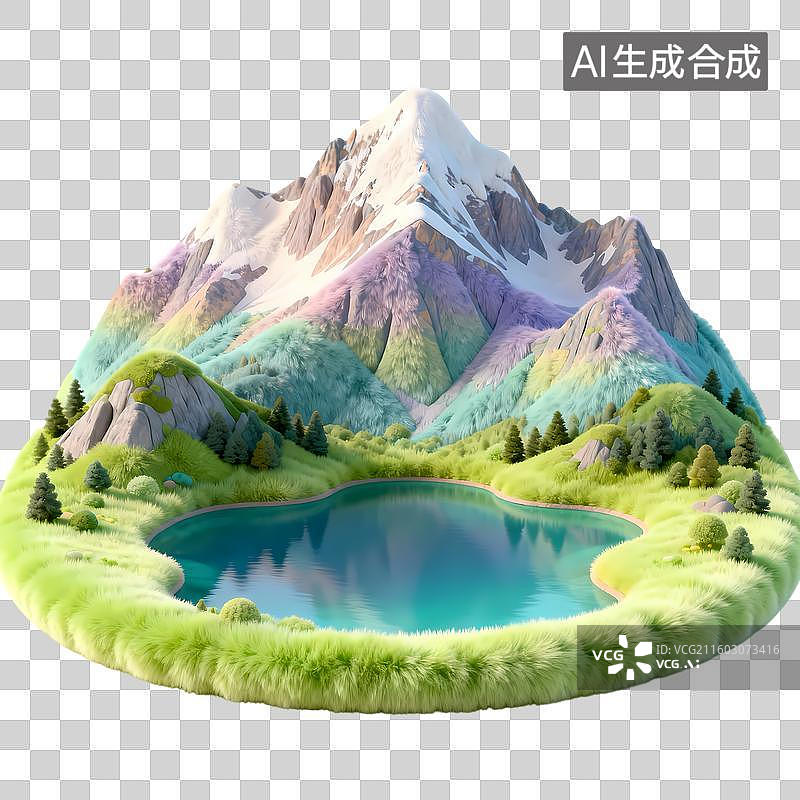 【AI数字艺术】高原湖泊3D卡通质感立体插画元素图片素材