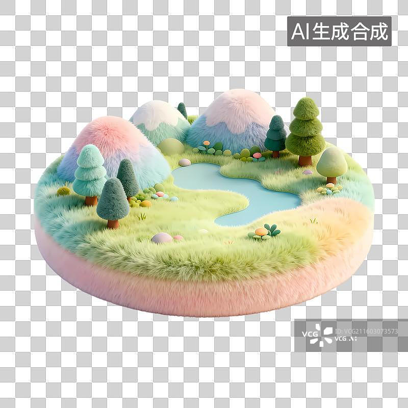 【AI数字艺术】线衫湖泊观景平台3D卡通质感立体插画元素图片素材