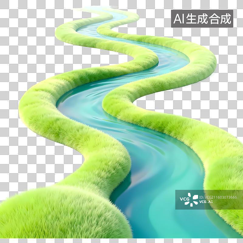 【AI数字艺术】河流蜿蜒3D卡通质感立体插画元素图片素材